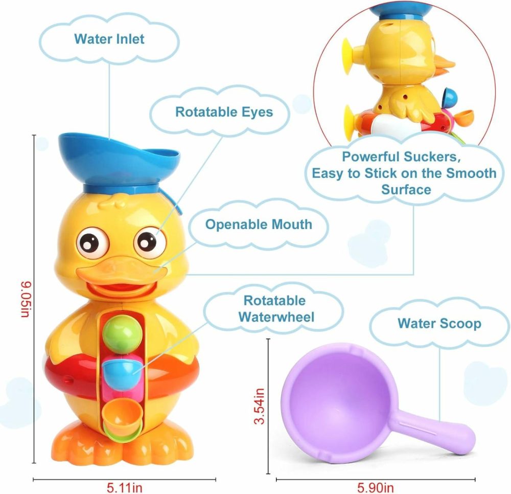 Bath Bathtub Toys For Toddlers 1 2 3 Years Old | Duck Bathtub Toys With Rotatable Waterwheel/Eyes | Bathroom Strong Suckers Water Scoop Fun Bath Toys For Toddlers Boys Girls 1-4 Years  |  Bath Toys All Toys Bath Toys