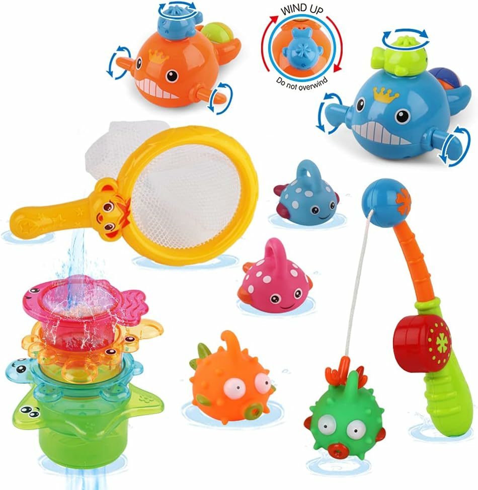 Bath Toy For Toddlers 1-3,Bathtub Toy With Fishing Floating Squirts Toy   Water Scoop,Swimming Whales And Stacking Cups Toys For Pool  Bathtub  Beach,Boys Girls Gifts (12 Pack)  |  Bath Toys All Toys Bath Toys