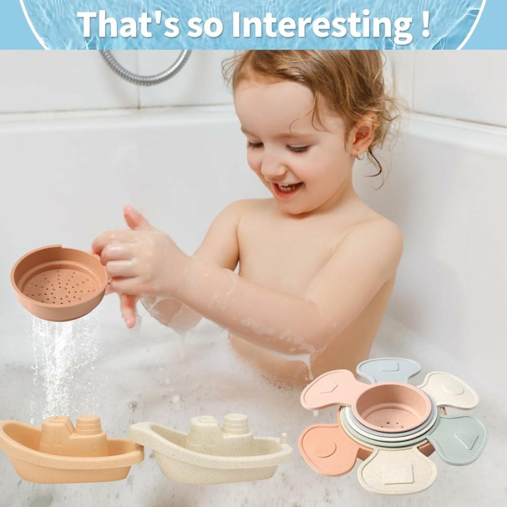 Bath Toys Floating Boats Train With Bathing Spoon,11 Pcs Water Table Toys Mold Free Baby Bath Toys For Toddlers 1-3/Infants 6-12-18 Months,Bathtub Toys Shower Toys For 1 2 3 4 Year Old  |  Bath Toys All Toys Bath Toys