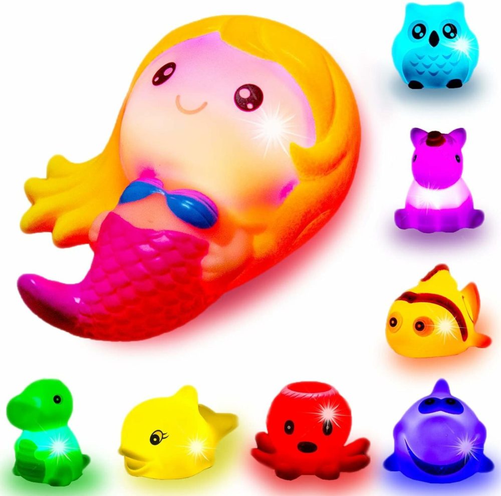 Bath Toys For Toddlers Baby 8 Pack Light Up Toys – Bathtub Toy Flashing Colourful Led Light Shower Bathtime For Kids Infants Shark  Clown Fish  Owl  Unicorn  Octopus  Dolphin  Dinosaur Mermaid  |  Bath Toys All Toys Bath Toys