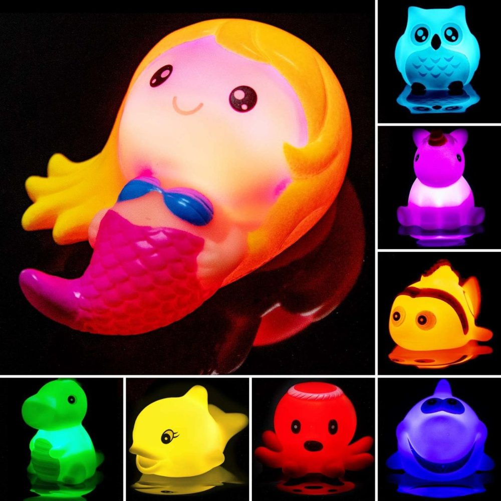 Bath Toys For Toddlers Baby 8 Pack Light Up Toys – Bathtub Toy Flashing Colourful Led Light Shower Bathtime For Kids Infants Shark  Clown Fish  Owl  Unicorn  Octopus  Dolphin  Dinosaur Mermaid  |  Bath Toys All Toys Bath Toys