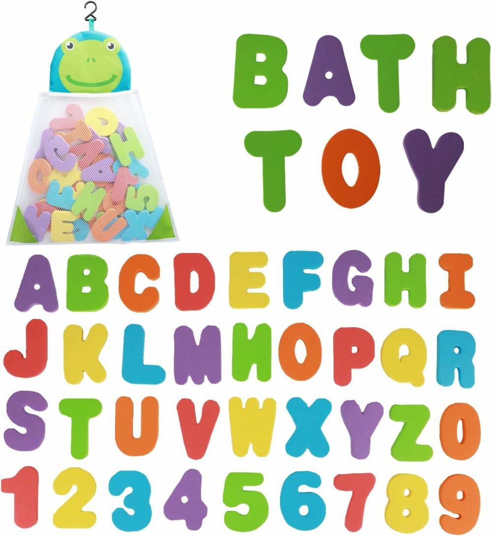 Bath Toys Organizer + 36 Soft Foam Abc 123 Letters & Numbers Bathroom Alphabet Baby Toys For Early Learning Foam Letters And Quick Dry Storage Net Bag  |  Bath Toys All Toys Bath Toys