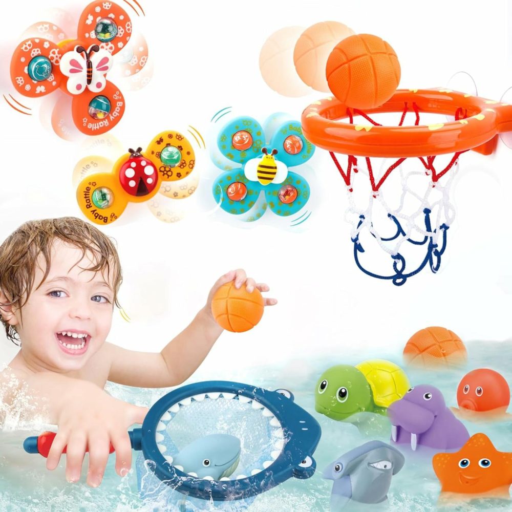 Bath Toys Playset  Fun Basketball Hoop & Balls  Bathtub Pool Shooting Game & Fishing Game  Sensory Suction Cup Spinner Spinning Top Baby Toy  For Little Boys Girls Kids Toddlers  |  Bath Toys All Toys Bath Toys