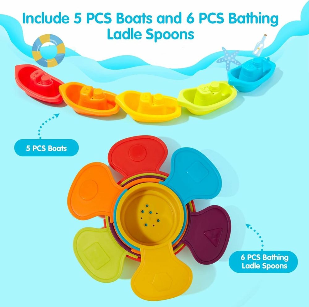 Bath Toys Rainbow Floating Boats With Bathing Spoon  11 Pcs Water Table Toys Baby Bath Toys For Toddlers 1-3/Infants 6-12-18 Months Bathtub Toys Shower Toys  Pool Toys  Beach Toys  |  Bath Toys All Toys Bath Toys