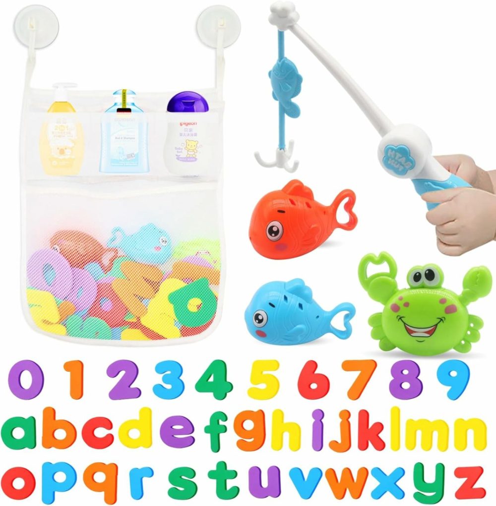 Bath Toys Set For Toddlers 1-3  Bath Toy Storage Bag Hooks,Baby Bathtub Toys With 36 Letters And Numbers,Shower Toys Bath Time With 3 Fishing Toys And Water Gun Floating For Baby Pool Toy  |  Bath Toys All Toys Bath Toys