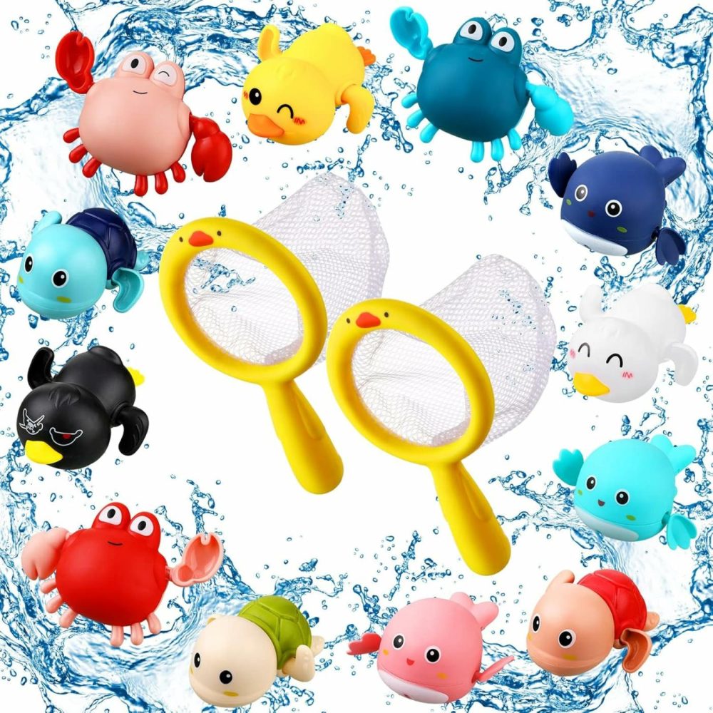 Bath Toys Sets Include 12 Pcs Wind Up Floating Toys With 2 Pcs Duck Shape Fishing Net  Swimming Pool Games Bathtub Shower Toy  Turtle Whale Duck Crab For Boys Girls Funny Gifts  |  Bath Toys All Toys Bath Toys