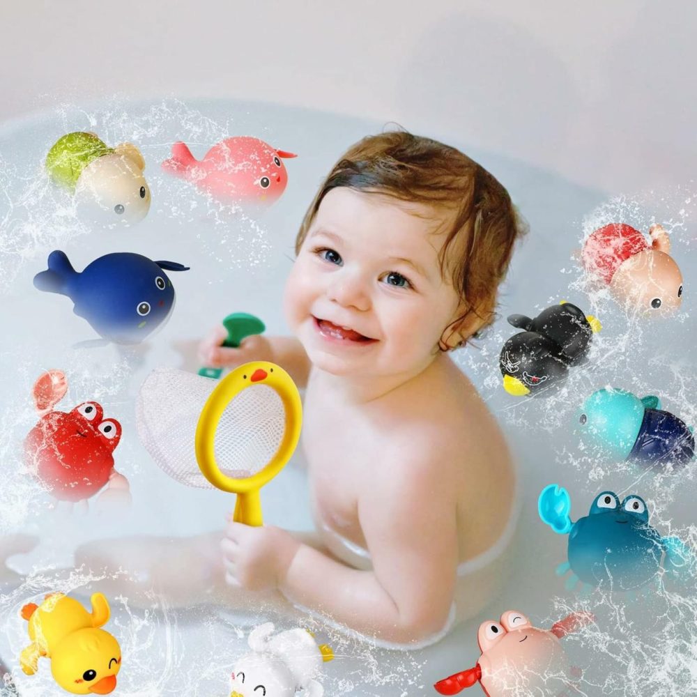 Bath Toys Sets Include 12 Pcs Wind Up Floating Toys With 2 Pcs Duck Shape Fishing Net  Swimming Pool Games Bathtub Shower Toy  Turtle Whale Duck Crab For Boys Girls Funny Gifts  |  Bath Toys All Toys Bath Toys