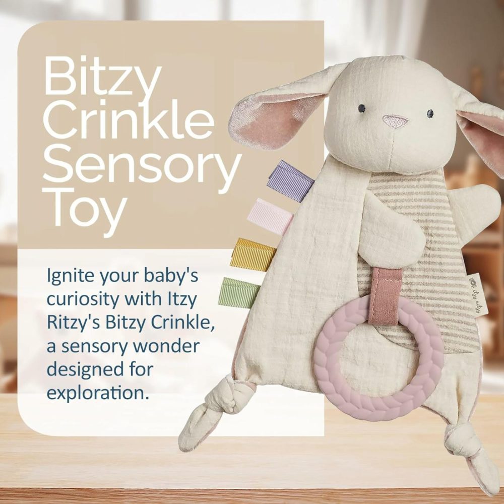 Bitzy Crinkle Sensory Toy Bunny With Crinkle Sound For Babies & Toddlers – Features Soft Braided Teething Ring & Textured Ribbons  Designed For Ages 0 Months And Up  Bunny  |  Teethers All Toys Bunny