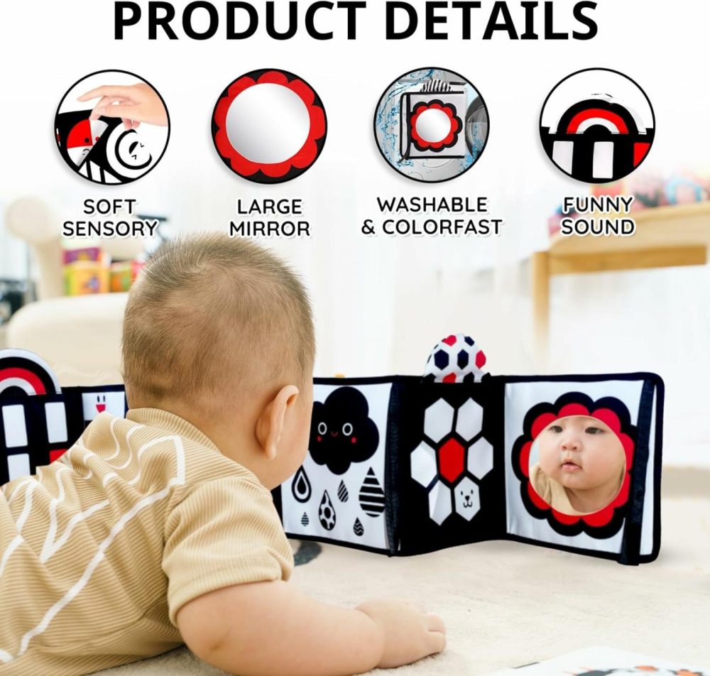 Black And White Baby Toys – High Contrast Soft Sensory Book With Mirror For Newborn Development  Perfect Tummy Time Toy For Infants 0-12 Months  |  Mirrors All Toys Colorful