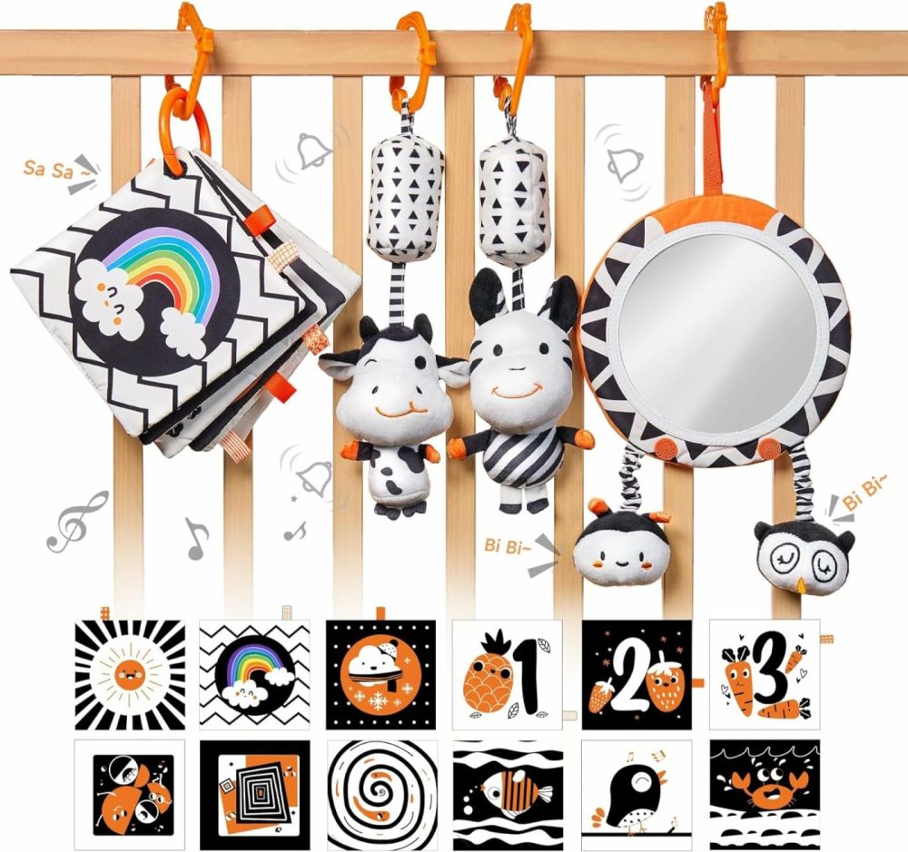 Black And White Baby Toys  High Contrast Baby Tummy Time Toys  Newborn Soft Books Mirror Rattles  Montessori Sensory Toys 0-12 Months  Hanging Infant Toys For Carseat Stroller Play Mat Crib  |  Car Seat & Stroller Toys All Toys Car Seat & Stroller Toys