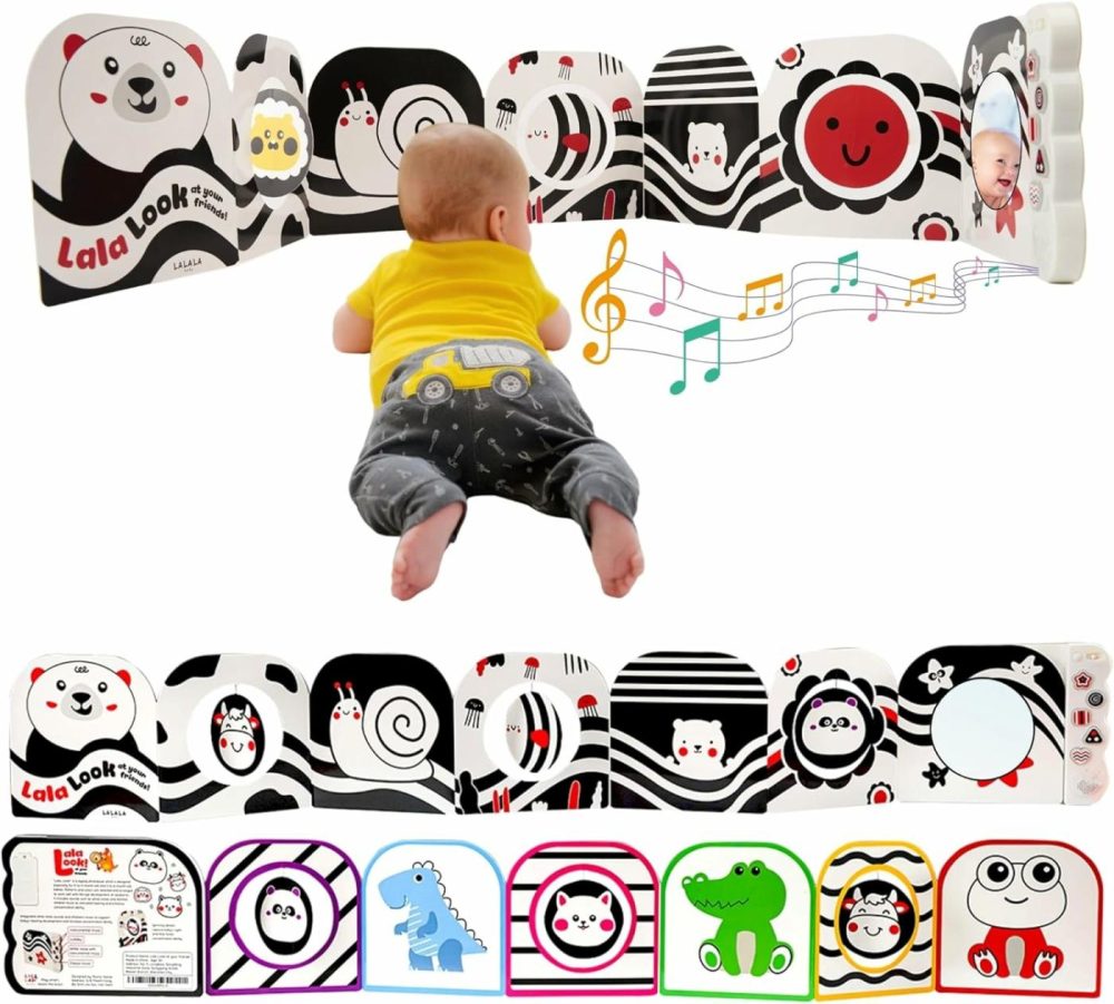 Black And White Baby Toys With Mirror – High Contrast Sensory Board Book For Newborn  Soothing Musical Toy For Babies 0-12 Months – Brain Development & Tummy Time Activities  |  Electronic Early Development Toys All Toys Black, White & Red