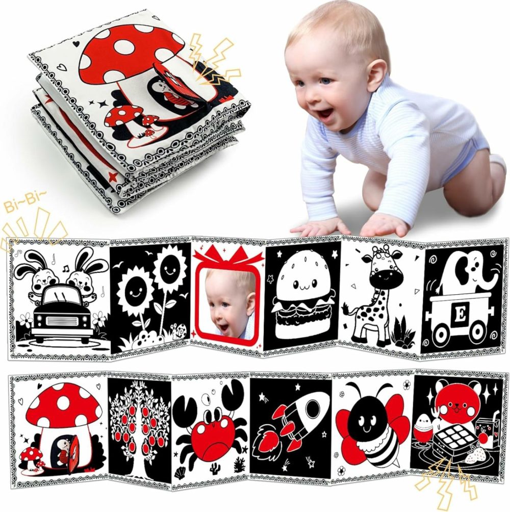 Black And White High Contrast Baby Toys 0-6 6-12 Months Soft Sensory Crinkle Book For Newborn Essentials Brain Development Tummy Time Toys Infant 0-3 3-6 Month Montessori  |  Mirrors All Toys Mirrors