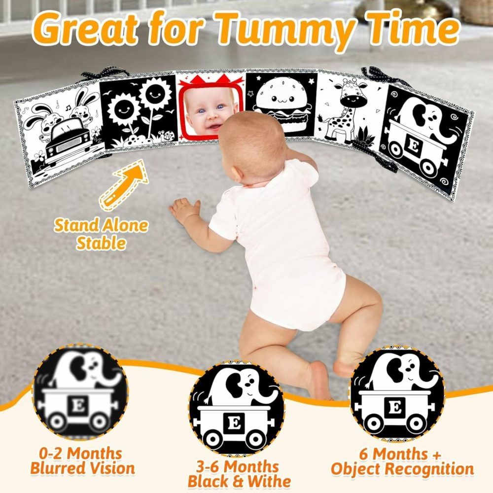 Black And White High Contrast Baby Toys 0-6 6-12 Months Soft Sensory Crinkle Book For Newborn Essentials Brain Development Tummy Time Toys Infant 0-3 3-6 Month Montessori  |  Mirrors All Toys Mirrors