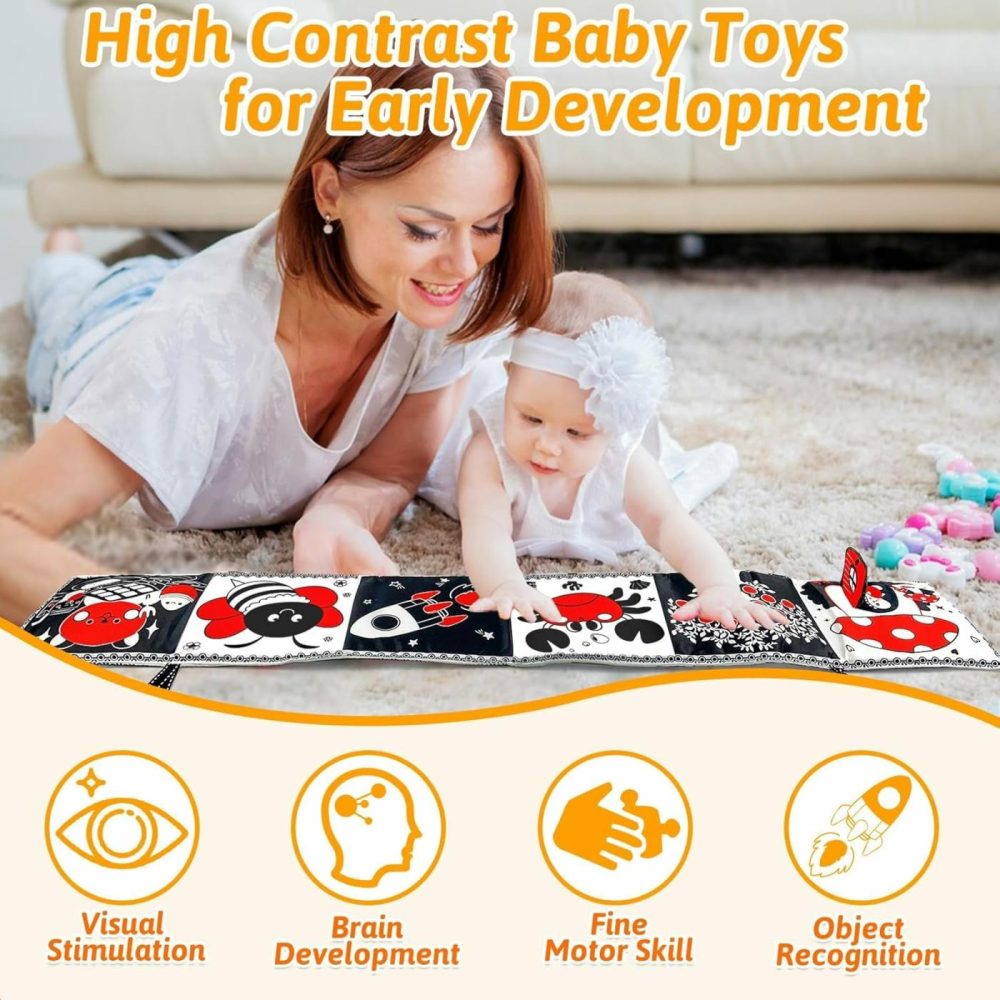 Black And White High Contrast Baby Toys 0-6 6-12 Months Soft Sensory Crinkle Book For Newborn Essentials Brain Development Tummy Time Toys Infant 0-3 3-6 Month Montessori  |  Mirrors All Toys Mirrors