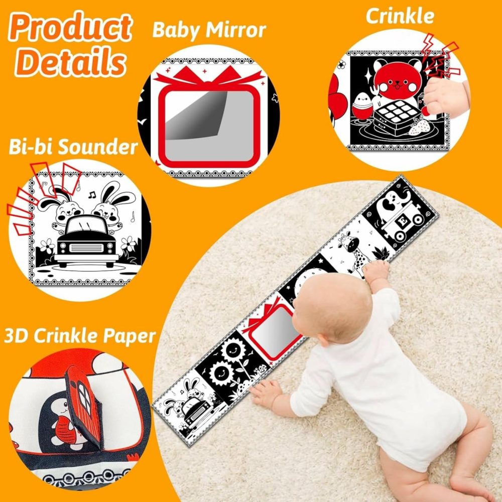 Black And White High Contrast Baby Toys 0-6 6-12 Months Soft Sensory Crinkle Book For Newborn Essentials Brain Development Tummy Time Toys Infant 0-3 3-6 Month Montessori  |  Mirrors All Toys Mirrors