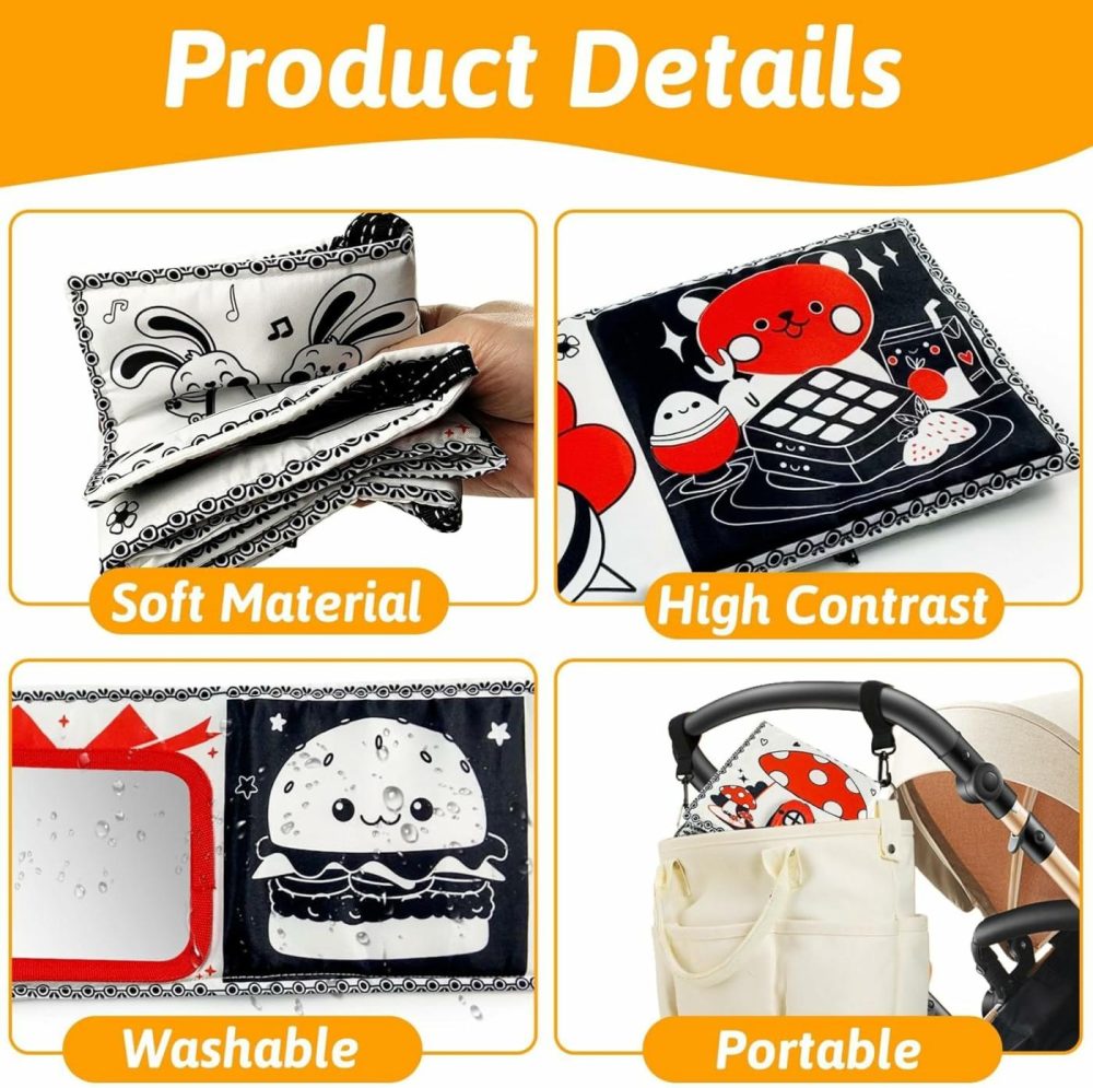 Black And White High Contrast Baby Toys 0-6 6-12 Months Soft Sensory Crinkle Book For Newborn Essentials Brain Development Tummy Time Toys Infant 0-3 3-6 Month Montessori  |  Mirrors All Toys Mirrors