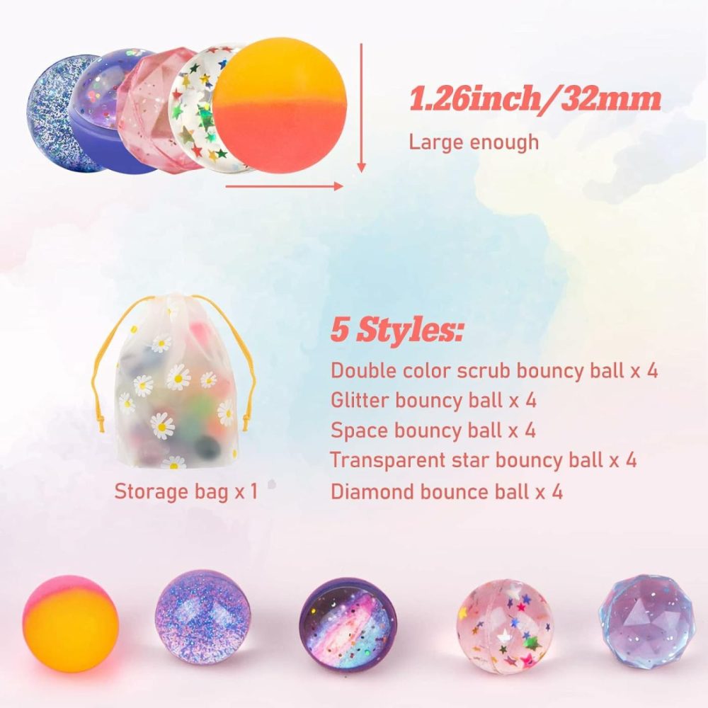 Bouncy Balls For Kids 20 Pieces 5 Styles 32Mm Assorted Bouncy Balls With Storage Bag For Birthday Party Favors  |  Balls All Toys 20 Pieces 5 Styles