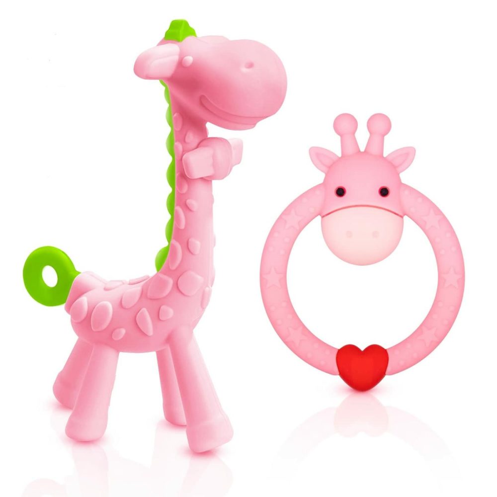 Bpa Free Silicone Giraffe Baby Teether Toy With Storage Case  For 3 Months Above Infant Sore Gums Pain Relief And Baby Shower  Baby Teething Toys (Pink)  |  Teethers All Toys Pink