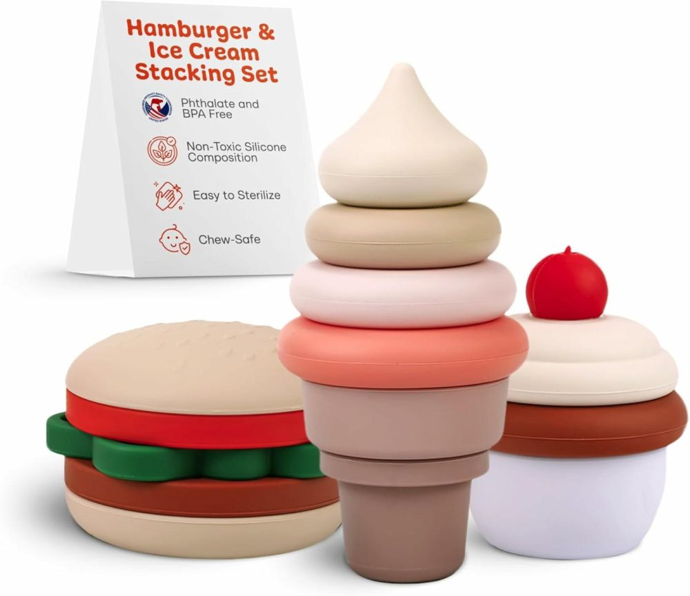 Bpa-Free Silicone Toddler Stackable Toys- Stacking Blocks  Stacking Cups Or Stacking Rings  Stacking Toys For Toddlers 6-12 Months To 3 Years Old- Burger | Cake- Ice Cream Baby Stacking Toys  |  Sorting & Stacking Toys All Toys Sorting & Stacking Toys