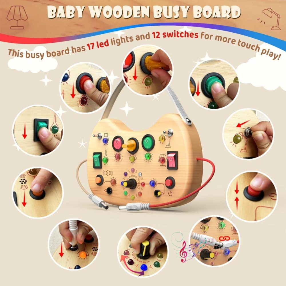 Busy Board For Toddlers 1-3  Wooden Montessori Busy Board With Led Light  Switch Board Activity Car Ride Travel Toys  1 2 3 One Year Old Girl Boy Christmas Birthday Gifts  |  Sorting & Stacking Toys All Toys Sorting & Stacking Toys