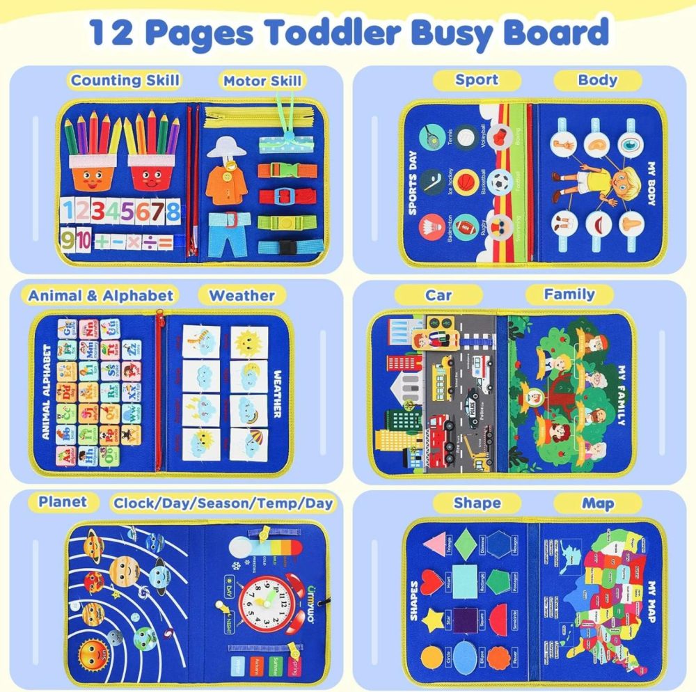 Busy Board For Toddlers  Montessori Toys For 1 2 3 4 Year Old Toddlers Busy Book Preschool Learning Activities With Alphabet Number  Animal Travel Toys Gifts (Blue 12 Pages)  |  Sorting & Stacking Toys All Toys Blue