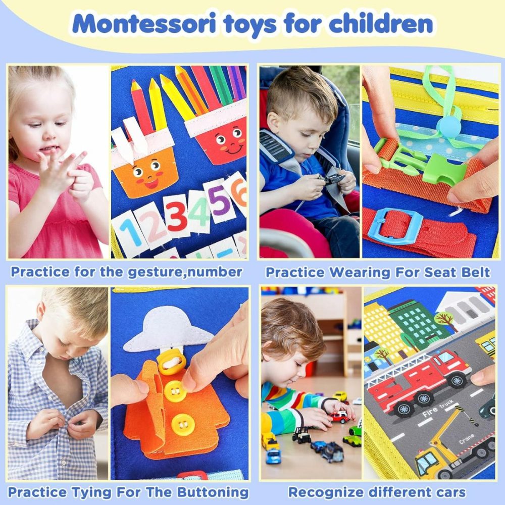 Busy Board For Toddlers  Montessori Toys For 1 2 3 4 Year Old Toddlers Busy Book Preschool Learning Activities With Alphabet Number  Animal Travel Toys Gifts (Blue 12 Pages)  |  Sorting & Stacking Toys All Toys Blue