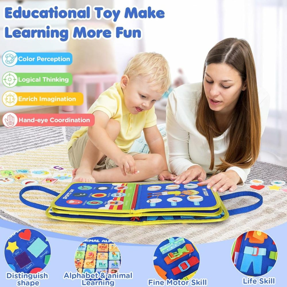 Busy Board For Toddlers  Montessori Toys For 1 2 3 4 Year Old Toddlers Busy Book Preschool Learning Activities With Alphabet Number  Animal Travel Toys Gifts (Blue 12 Pages)  |  Sorting & Stacking Toys All Toys Blue