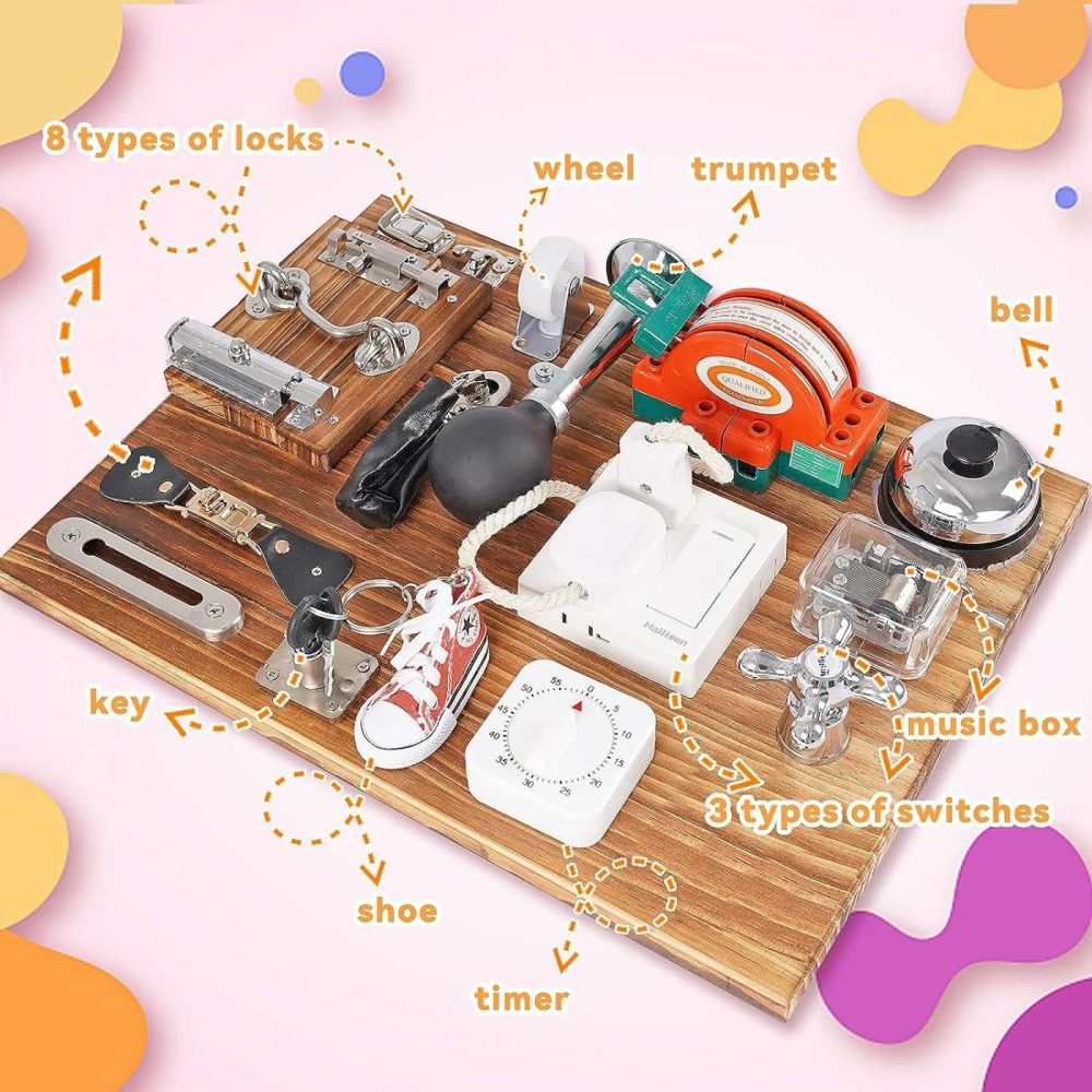 Busy Board For Toddlers Wooden Montessori Toys,Travel Toy Sensory Board Activity Board For Fine Motor Skills  Educational Learning Toy For 3 Year Old Boys & Girls With Locks,Latches,Keys  Music Board  |  Sorting & Stacking Toys All Toys Sorting & Stacking Toys