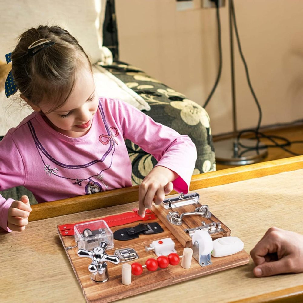 Busy Board For Toddlers Wooden Montessori Toys,Travel Toy Sensory Fidget Board Activity Board For 3 Year Old Boys & Girls  Educational Learning Toy With Locks,Latches,Keys  |  Sorting & Stacking Toys All Toys Sorting & Stacking Toys