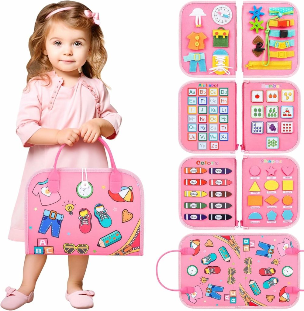 Busy Board Montessori Toy – Toddler Busy Board For 1 2 3 4 Year Old,Montessori Toys Busy Book Fine Basic Dress Motor Skills – Travel Toys For Travel Car Airplane  Ideal Gift For Boys And Girls  |  Sorting & Stacking Toys All Toys Pink