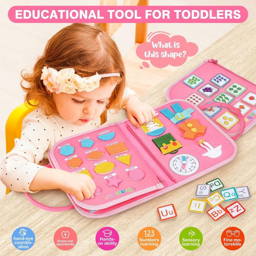 Busy Board Montessori Toy – Toddler Busy Board For 1 2 3 4 Year Old,Montessori Toys Busy Book Fine Basic Dress Motor Skills – Travel Toys For Travel Car Airplane  Ideal Gift For Boys And Girls  |  Sorting & Stacking Toys All Toys Pink