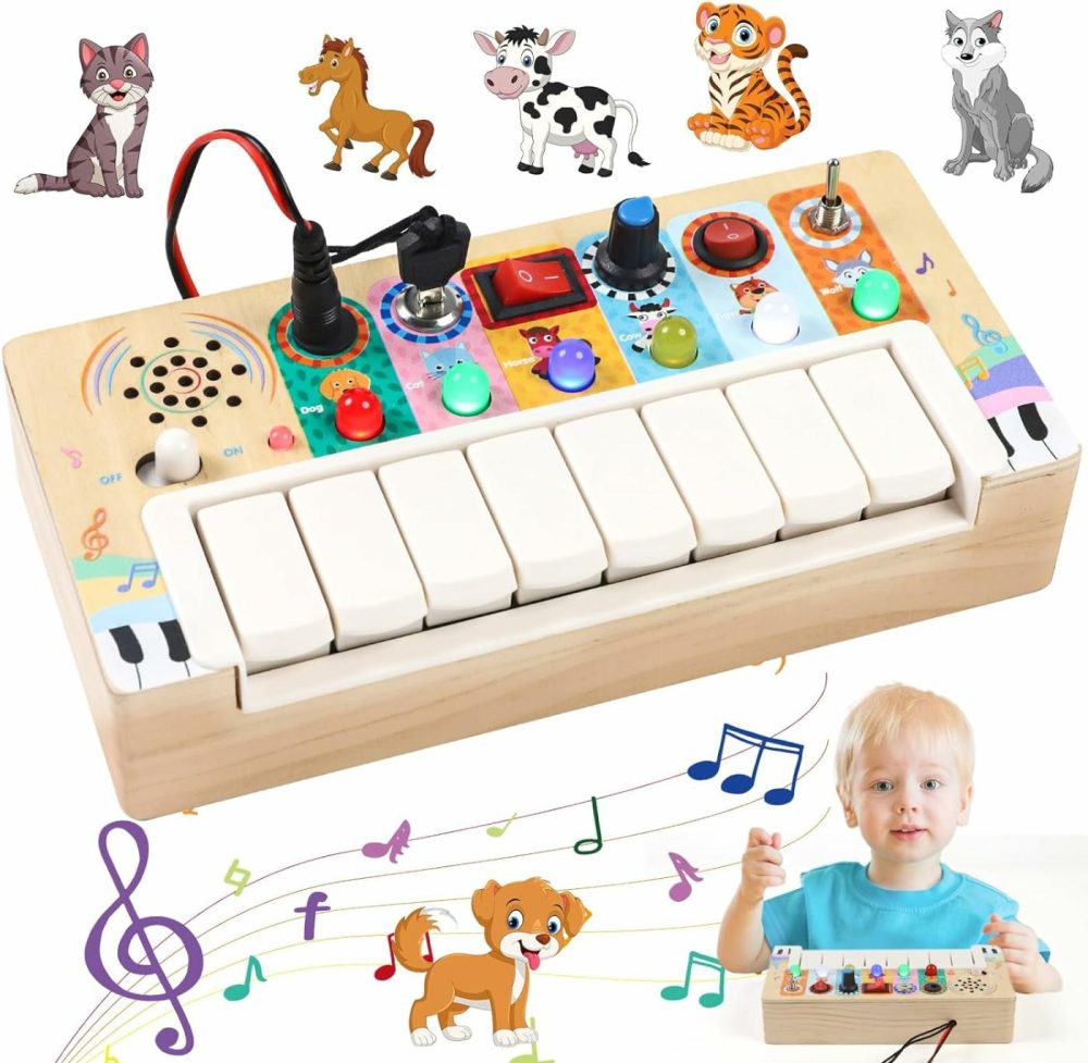 Busy Board Toys For Toddlers  Montessori Toys With 6 Led Light Switch For 1 Year Old  Wooden Piano Busy Board For Toddlers 1-3  Educational Activity Toys & Gifts For 1 2 3 Year Old (Busy Board)  |  Electronic Early Development Toys All Toys Busy Board