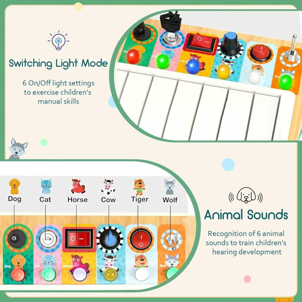 Busy Board Toys For Toddlers  Montessori Toys With 6 Led Light Switch For 1 Year Old  Wooden Piano Busy Board For Toddlers 1-3  Educational Activity Toys & Gifts For 1 2 3 Year Old (Busy Board)  |  Electronic Early Development Toys All Toys Busy Board