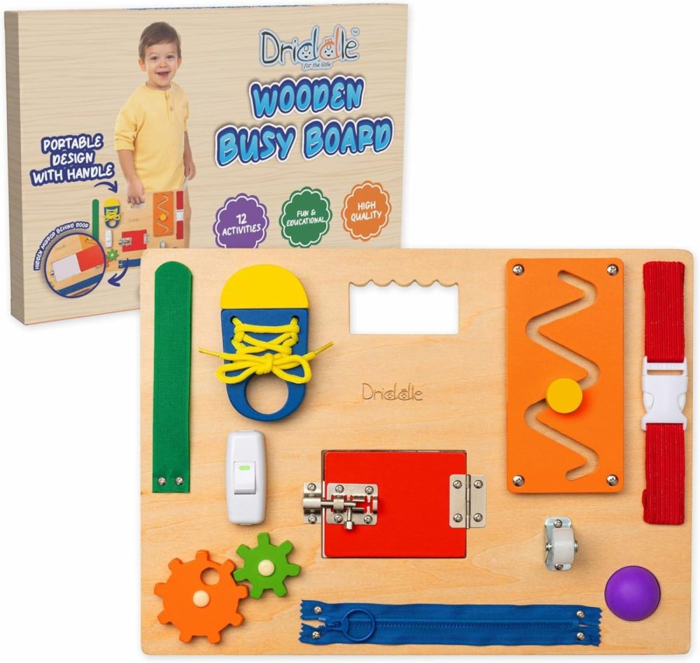 Busy Board – Wooden Montessori Activity Board For Toddlers & Kids – 12 Educational Sensory Toys To Learn Basic Life Skills & Develop Fine Motor Skills + Baby Mirror  |  Sorting & Stacking Toys All Toys Sorting & Stacking Toys