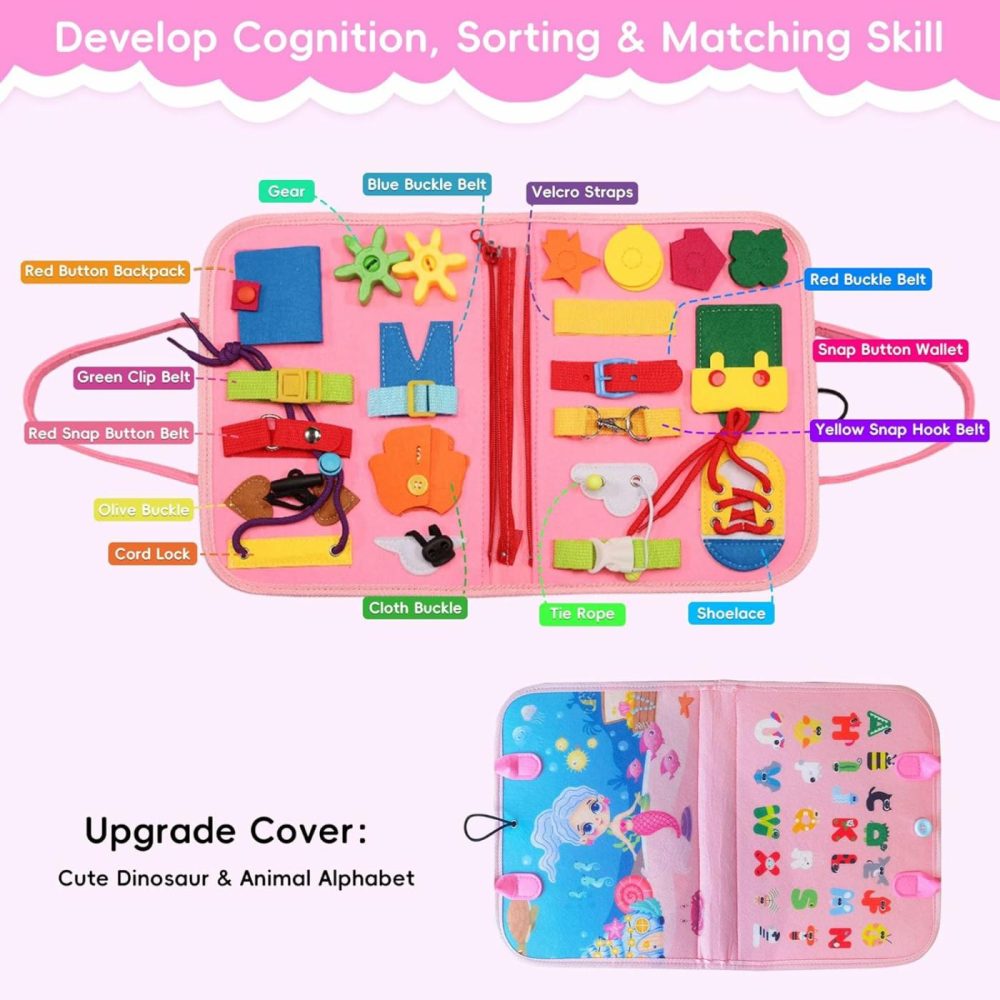 Busy Book For 1 2 3 4 Year Old Boy & Girl Birthday Gifts  Montessori Busy Board As Travel Toys Preschool Leaning  Quiet Book For Toddler Activities Learning Fine Motor Skills  Mermaids Pink  |  Sorting & Stacking Toys All Toys Pink