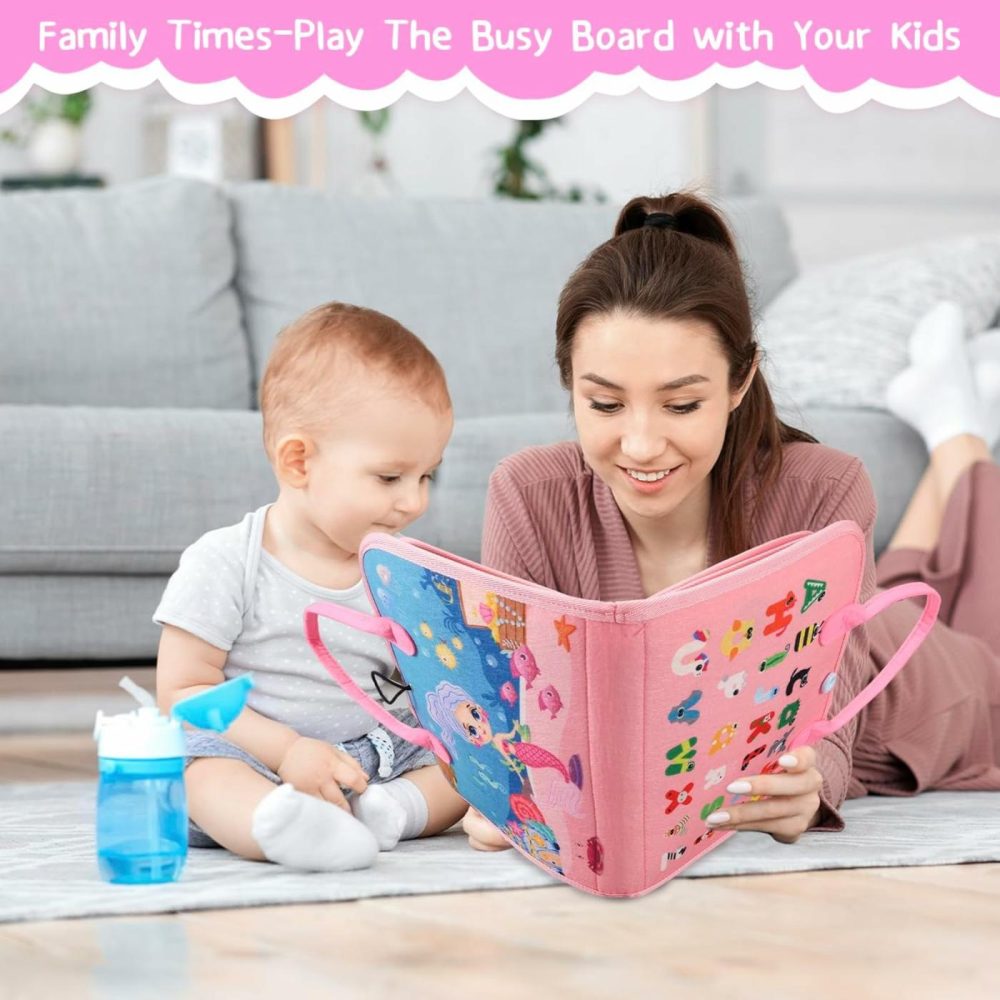 Busy Book For 1 2 3 4 Year Old Boy & Girl Birthday Gifts  Montessori Busy Board As Travel Toys Preschool Leaning  Quiet Book For Toddler Activities Learning Fine Motor Skills  Mermaids Pink  |  Sorting & Stacking Toys All Toys Pink