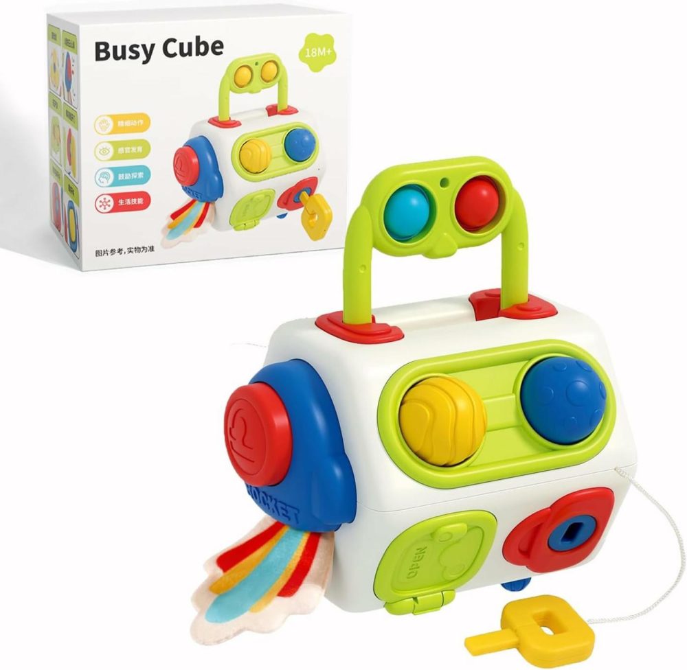 Busy Cube For Toddlers 1-3  Montessori Sensory Activities Busy Board – Baby Gifts For 6 To 18 Months 1 2 One Year Old Infant Boys Girls – Airplane Plane Car Travel Toys Educational Learning  |  Activity Cubes Activity Cubes Activity Cubes