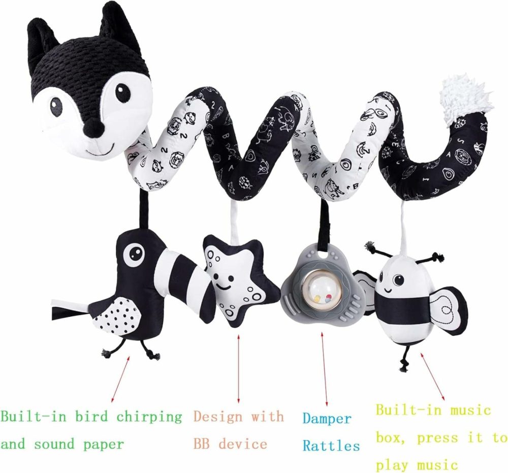 Car Seat Toys  Infant Baby Black Fox Spiral Plush Activity Hanging Toys For Car Seat Stroller Bar Crib Bassinet Mobile With Music Box Bb Squeaker And Rattles（Black）  |  Car Seat & Stroller Toys All Toys Black