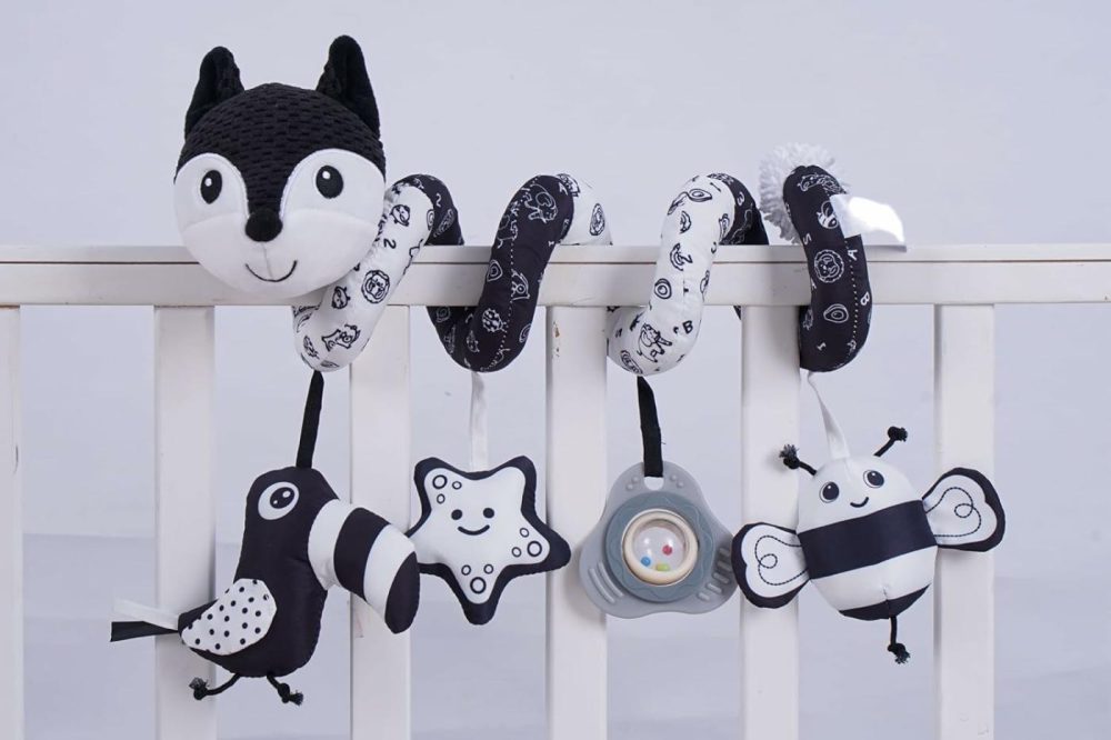 Car Seat Toys  Infant Baby Black Fox Spiral Plush Activity Hanging Toys For Car Seat Stroller Bar Crib Bassinet Mobile With Music Box Bb Squeaker And Rattles（Black）  |  Car Seat & Stroller Toys All Toys Black