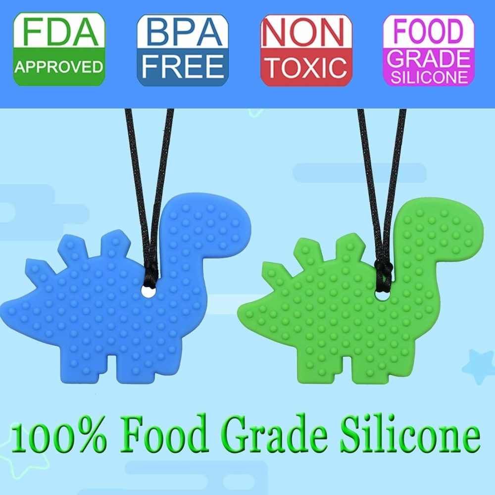 Chew Necklaces For Sensory Kids  Silicone Dinosaur Chewy Toys For Boys With Autism  Adhd  Spd  Chewing Necklaces For Anxiety  Reduce Fidgeting For Children…  |  Teethers All Toys Blue&Green