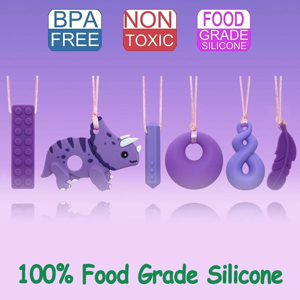 Chewy Necklaces For Sensory Kids  Boys And Girls  Silicone Dinosaur Chewy Necklaces For Autism  Adhd  Spd  Chewable Oral Motor Pendant For Chlidren  |  Teethers All Toys Purple