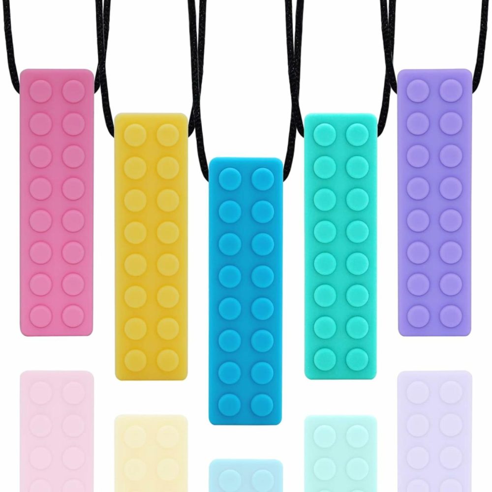 Chewy Necklaces For Sensory Kids  Building Block Chew Necklace Bundle For Boys And Girls With Chewing  Teething  Biting  Adhd  Autism  Silicone Oral Motor Chewy Teether Fidget Toys For Adults 5 Pack  |  Teethers All Toys Rainbow Colors