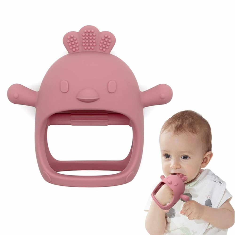 Chick Shape Baby Teething Toys  Never Drop Hand Wrist Teether  Baby Chew Toys For Sucking Needs  Food-Grade Silicone Baby Mitten Teether For Soothing Teething Pain Relief  Easy To Grip (Dark Pink)  |  Teethers All Toys Chick-Dark pink