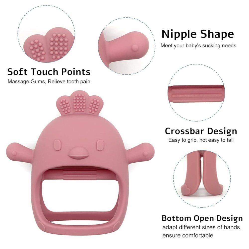 Chick Shape Baby Teething Toys  Never Drop Hand Wrist Teether  Baby Chew Toys For Sucking Needs  Food-Grade Silicone Baby Mitten Teether For Soothing Teething Pain Relief  Easy To Grip (Dark Pink)  |  Teethers All Toys Chick-Dark pink