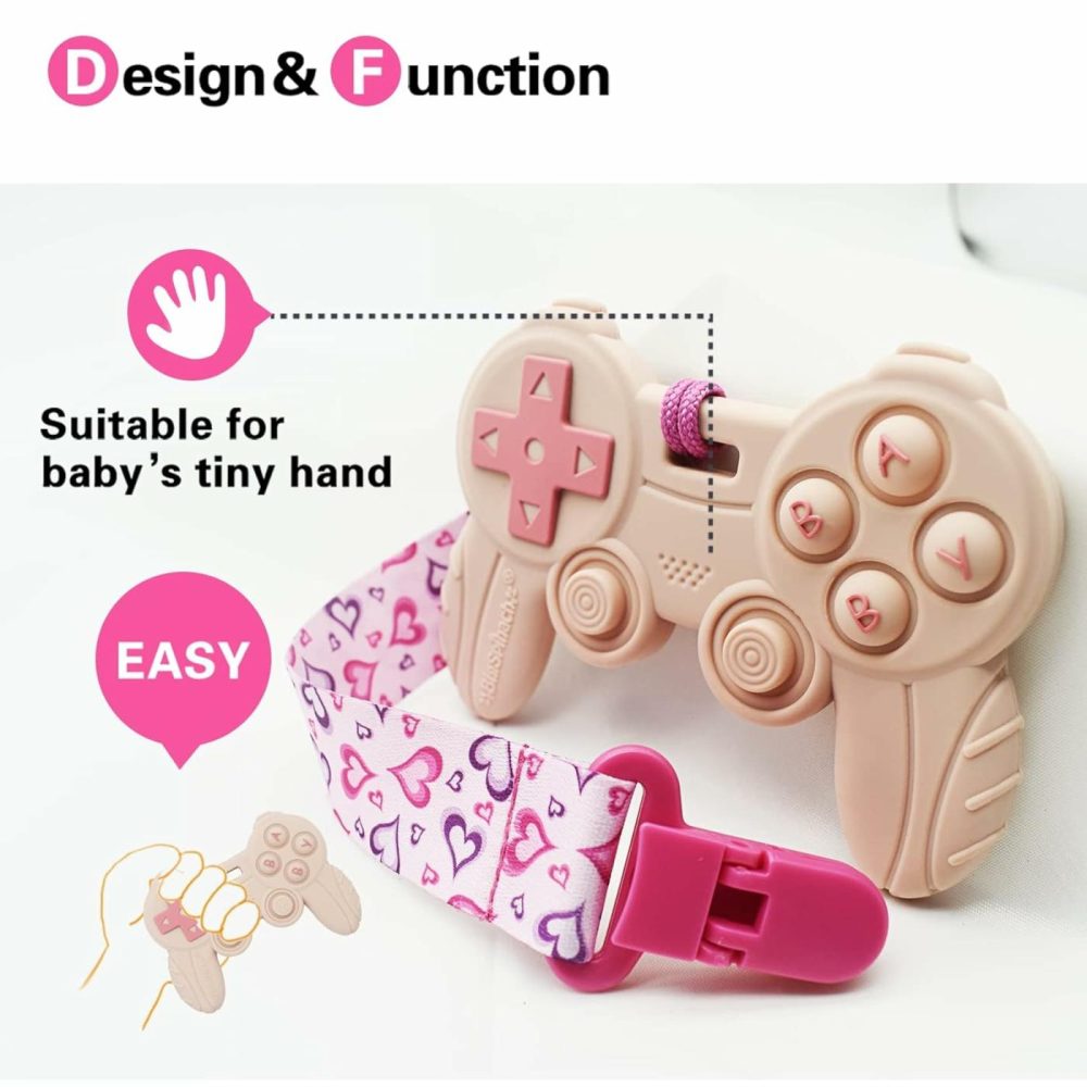 Cool Remote Game Control Teething Toy For Babies 0-6 6-12 Months,Game Controller Teether For Gamer Parents,Baby’s First Valentines Day Gifts,Silicone Remote Chew Toys（Pink  |  Teethers All Toys Pink