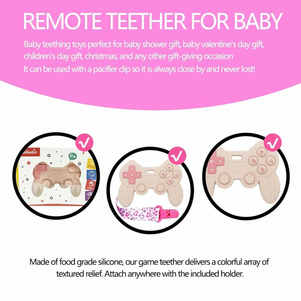 Cool Remote Game Control Teething Toy For Babies 0-6 6-12 Months,Game Controller Teether For Gamer Parents,Baby’s First Valentines Day Gifts,Silicone Remote Chew Toys（Pink  |  Teethers All Toys Pink