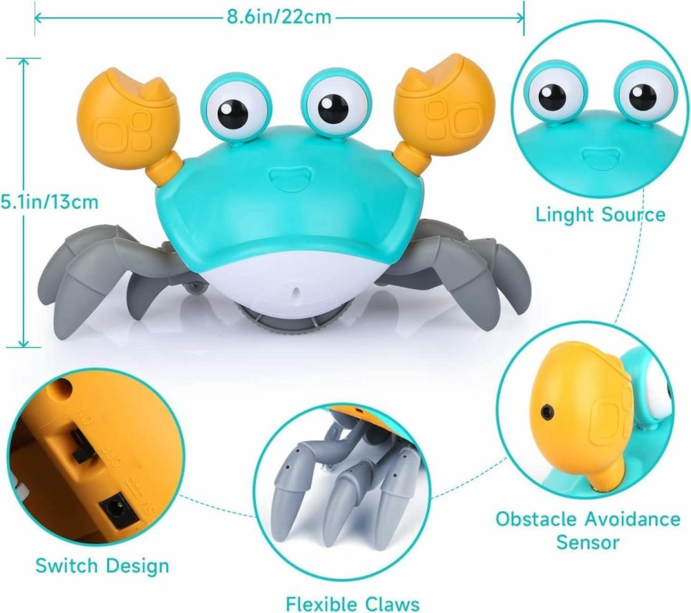 Crawling Crab Baby Toys With Music & Light  Tummy Time Interactive Toddler Toy Automatically Avoid Obstacles For Boys Or Girls (Blue)  |  Musical Toys All Toys Blue