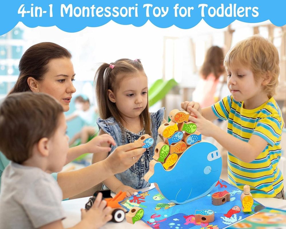 Dailyfunn Montessori Toy 4-In-1 Magnetic Fishing Game Stacking Blocks Lacing Beads Toys For Toddlers-Kids  |  Sorting & Stacking Toys All Toys Sorting & Stacking Toys