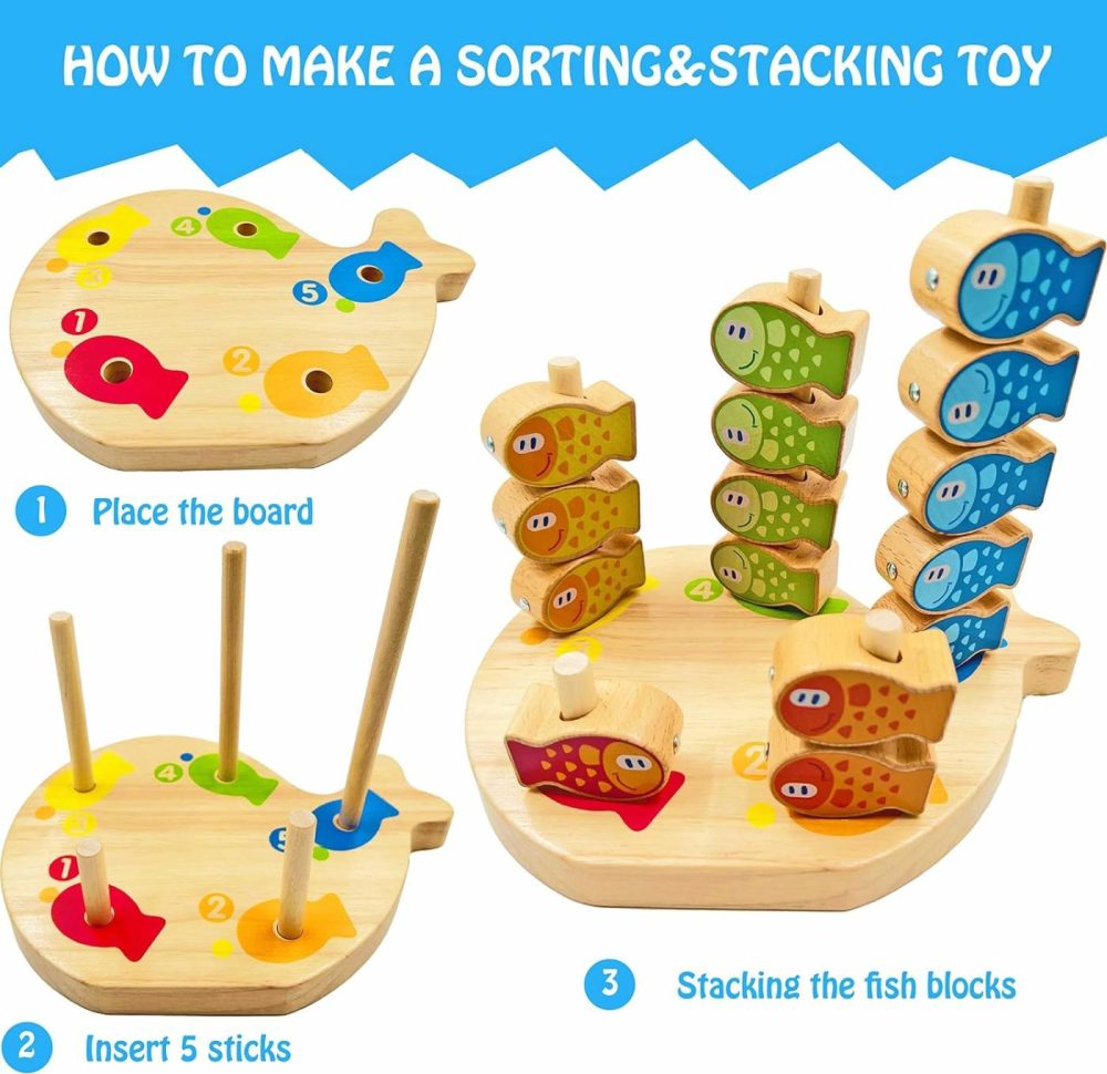 Dailyfunn Montessori Toy 4-In-1 Magnetic Fishing Game Stacking Blocks Lacing Beads Toys For Toddlers-Kids  |  Sorting & Stacking Toys All Toys Sorting & Stacking Toys