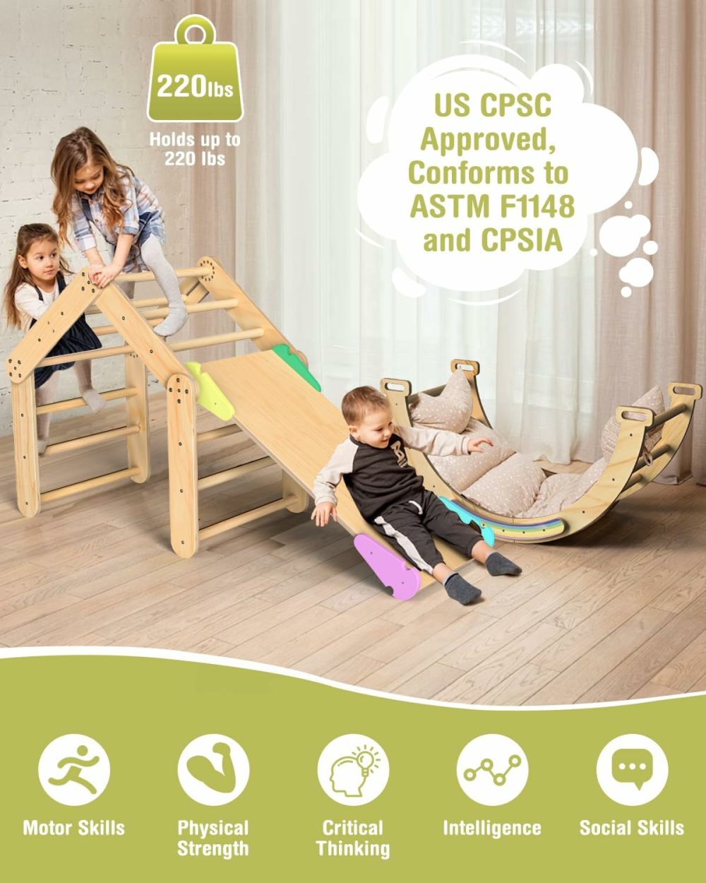 Deformable Pikler Triangle Set With Sliding Ramp & Climbing Arch Ramp  Wooden Toddler Climbing Toys Indoor  Playground Jungle Gym For Kids  Montessori Climbing Set For Toddlers  |  Indoor Climbers & Play Structures All Toys Indoor Climbers & Play Structures